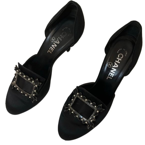 CHANEL Shoes - Chanel Black Satin 3.5" heels Gemstone buckle Size 36.5  (US size 6)